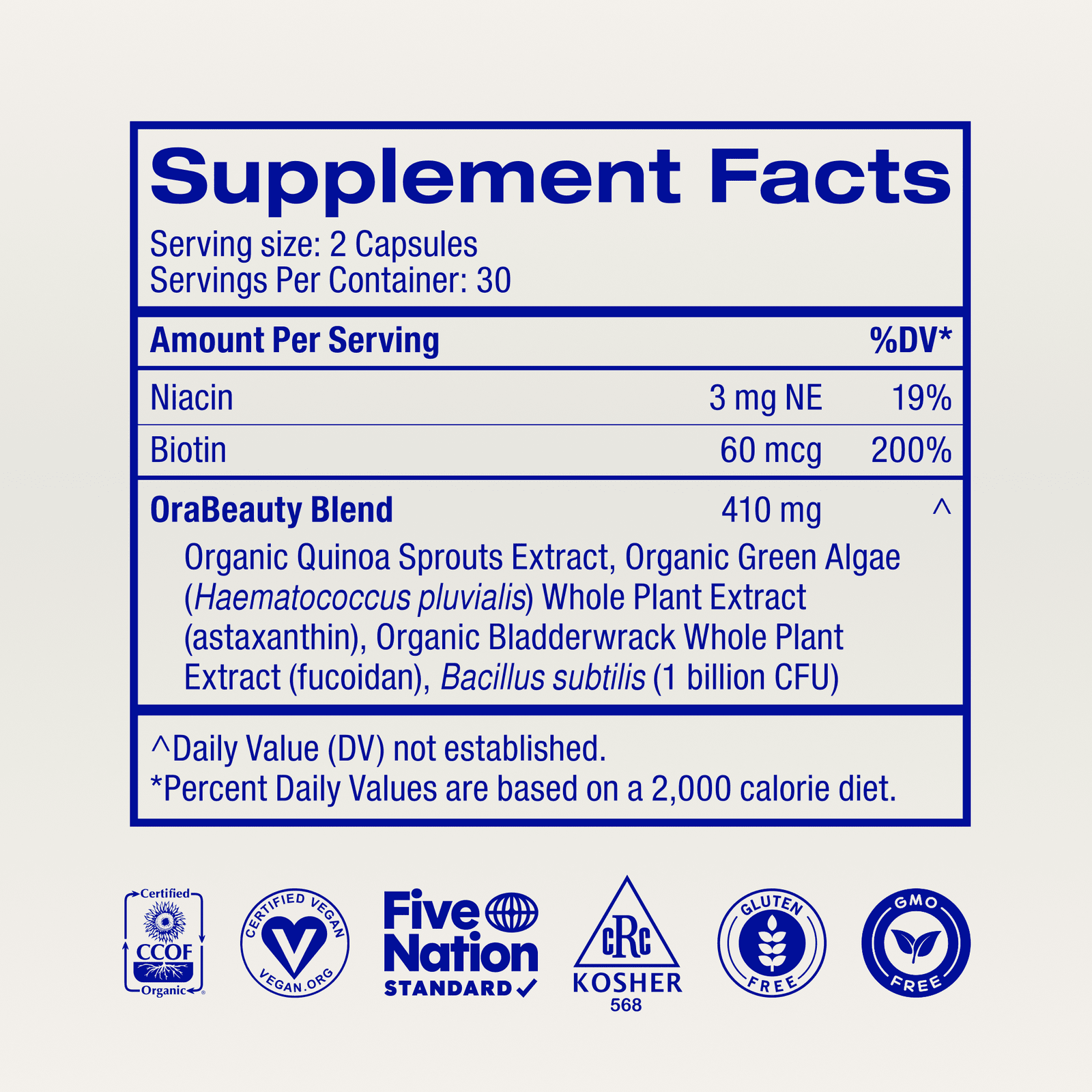 Supplement facts label with OraBeauty Blend on a white background