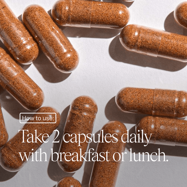 Brown capsules arranged on a light gray background with text on how to use them.