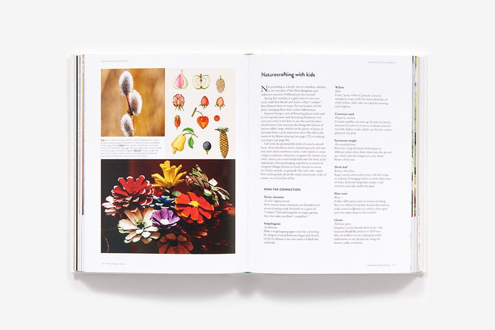 Open book showing pages with nature-themed illustrations and text on a white background