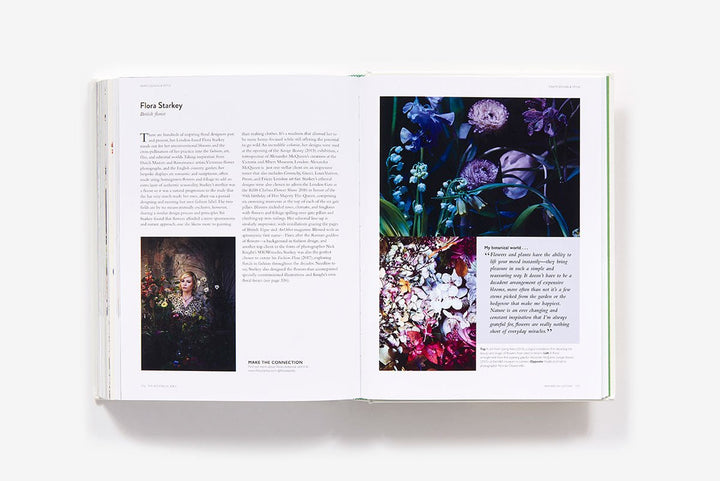 Open book with floral illustrations and text on a white background