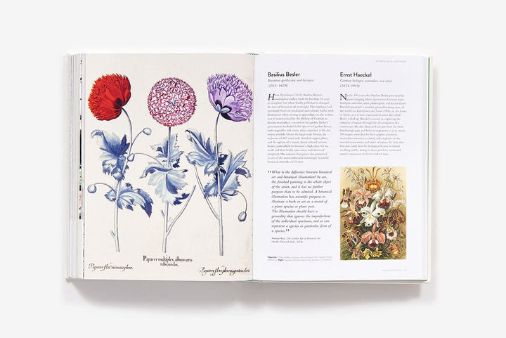 Open book with illustrations of flowers and text on a white background
