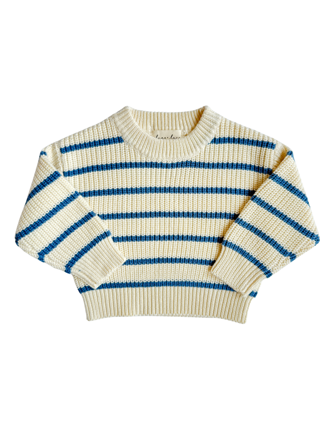 Striped sweater with blue and beige pattern on a white background