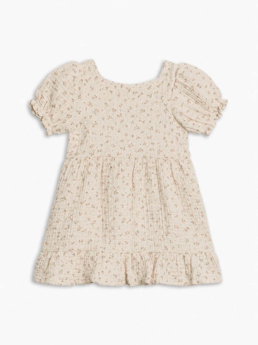 Colored Organics Celine Muslin Dress in Camellia Floral | Shell + Fern on a white background.