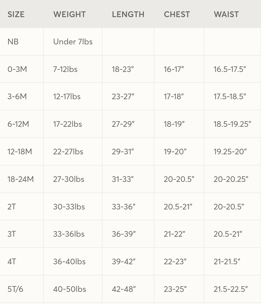 A size chart table with columns for Size, Weight, Length, Chest, and Waist. The rows list sizes from NB to 5T/6 in weight and height ranges.