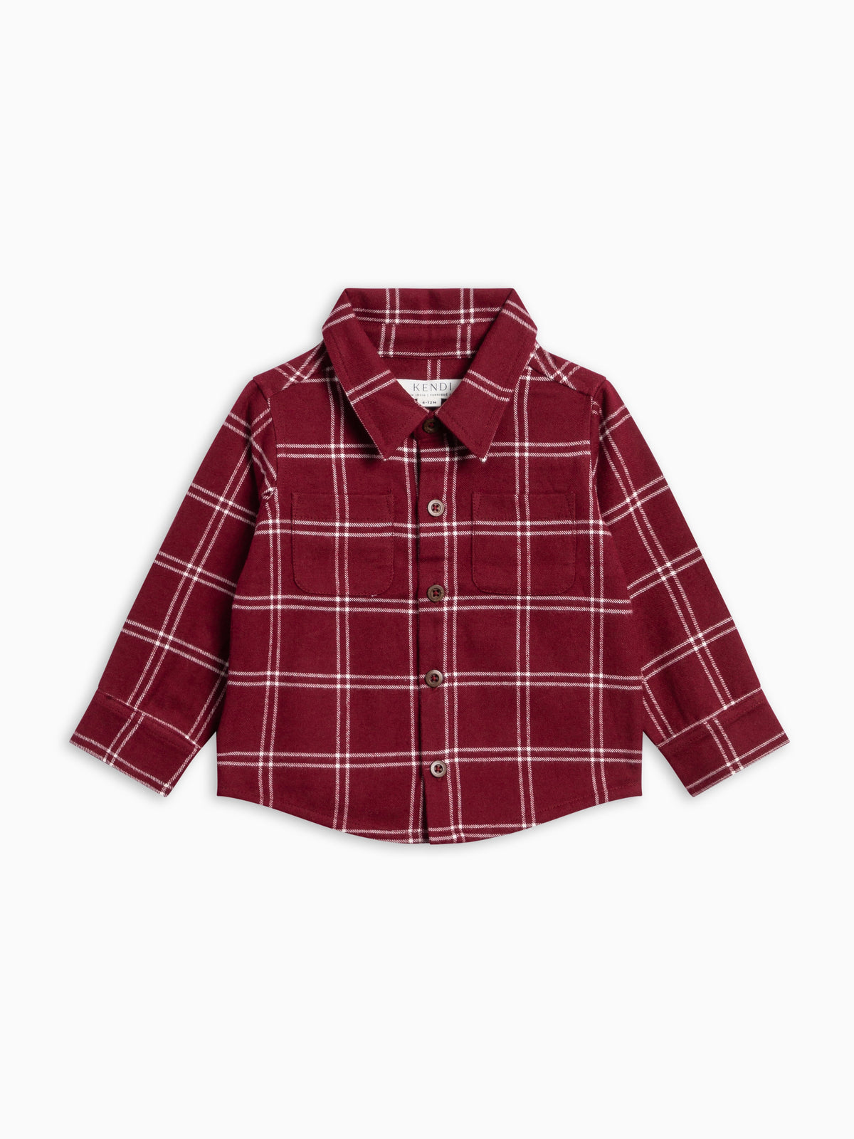 A Colored Organics Hugo Flannel Long Sleeve Collared Button Down Shirt long-sleeve button-up shirt in a deep red or burgundy fabric with a white plaid pattern, displayed flat against a clean white background.