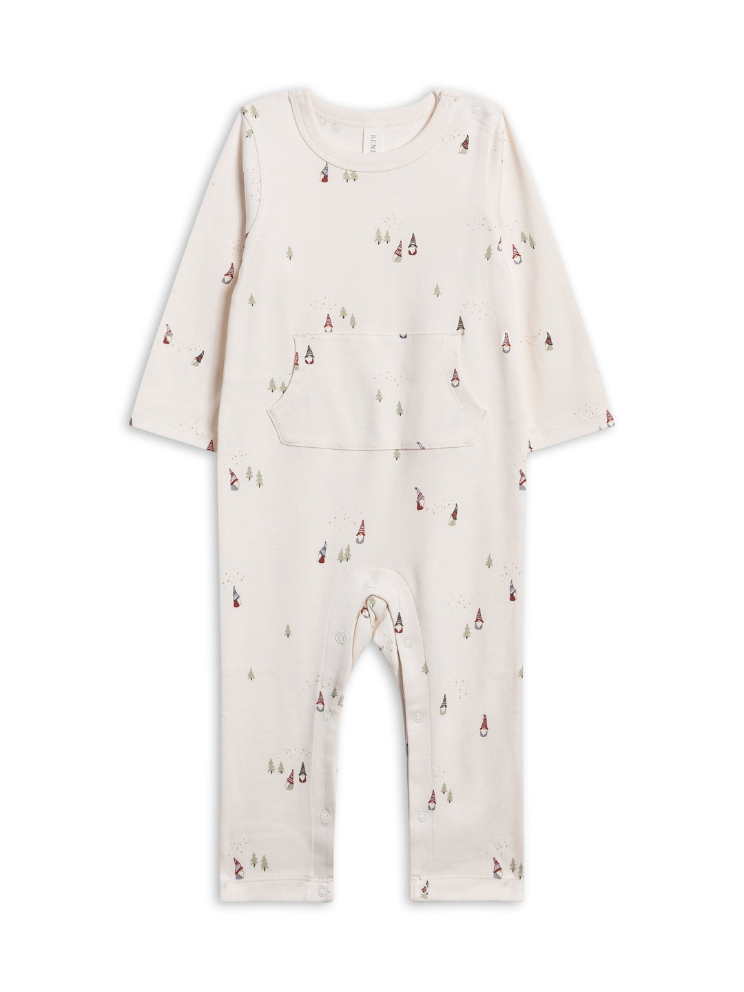 A Una Pocket Romper in cream with a small all-over print of tiny gnomes and trees, shown flat on a white background.