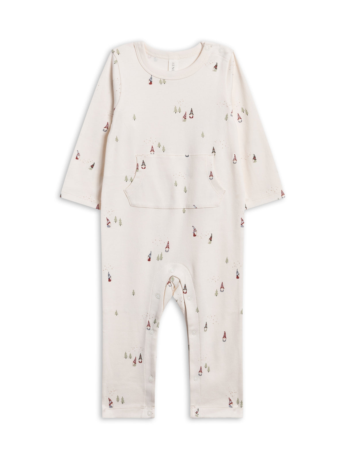 A Una Pocket Romper in cream with a small all-over print of tiny gnomes and trees, shown flat on a white background.