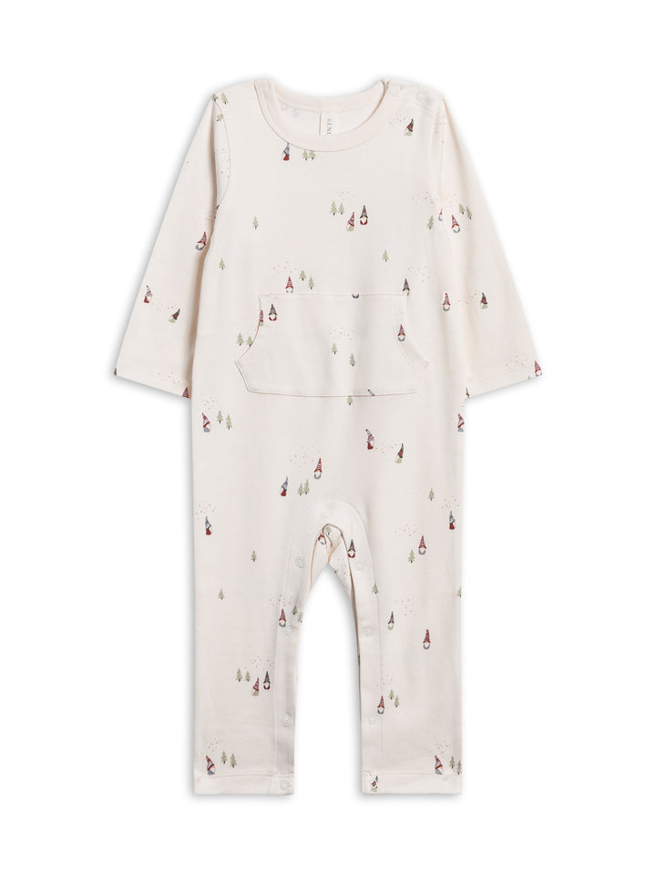 A Una Pocket Romper in cream with a small all-over print of tiny gnomes and trees, shown flat on a white background.