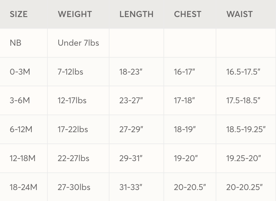 A size chart table with columns for SIZE, WEIGHT, LENGTH, CHEST, and WAIST. Rows list sizes from NB to 18-24M with weight and measurement ranges.