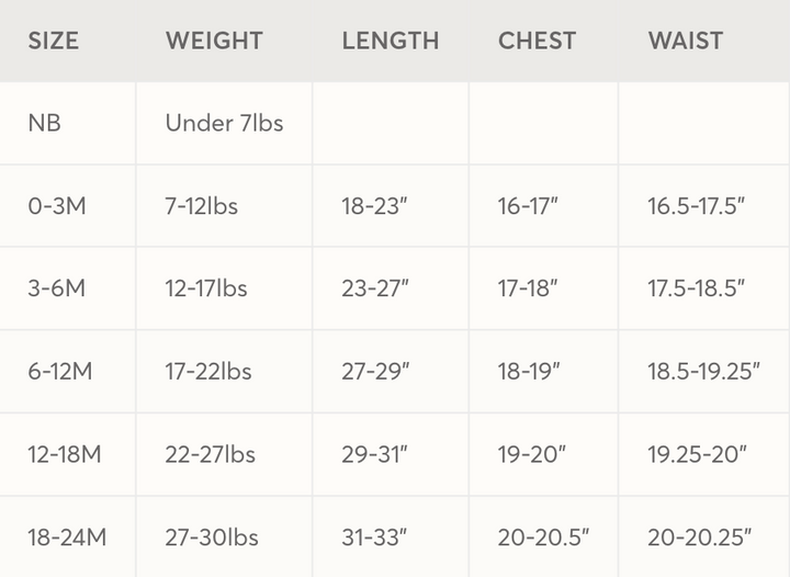 A size chart table with columns for SIZE, WEIGHT, LENGTH, CHEST, and WAIST. Rows list sizes from NB to 18-24M with weight and measurement ranges.