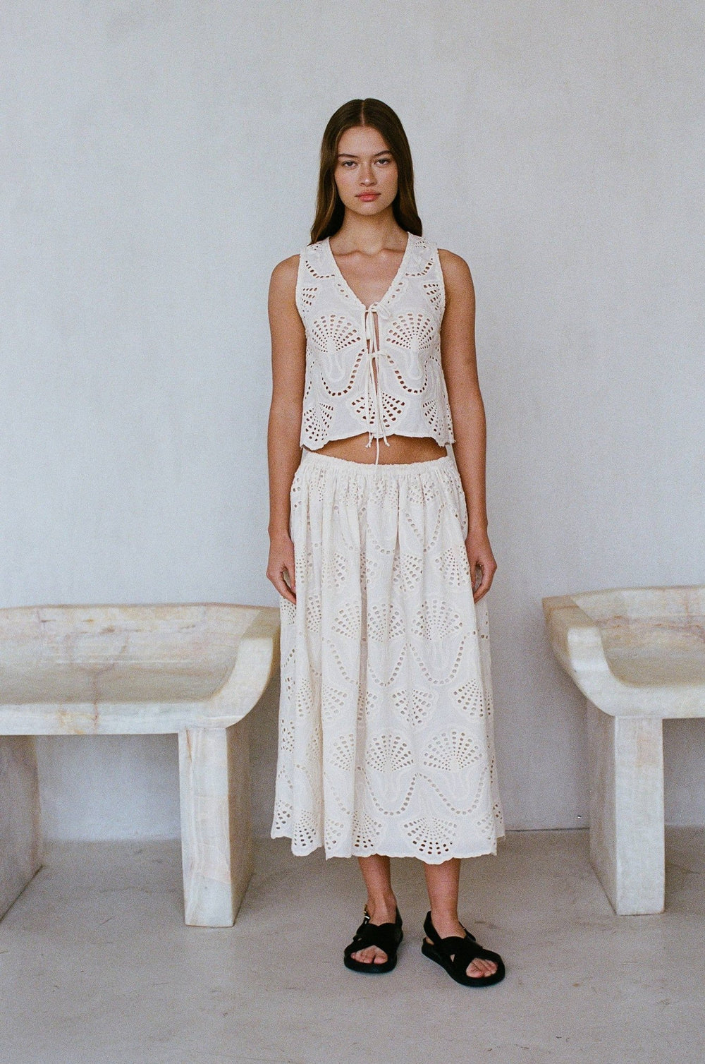 Cotton Embroidered Midi Flare Skirt | Natural - Echo Market