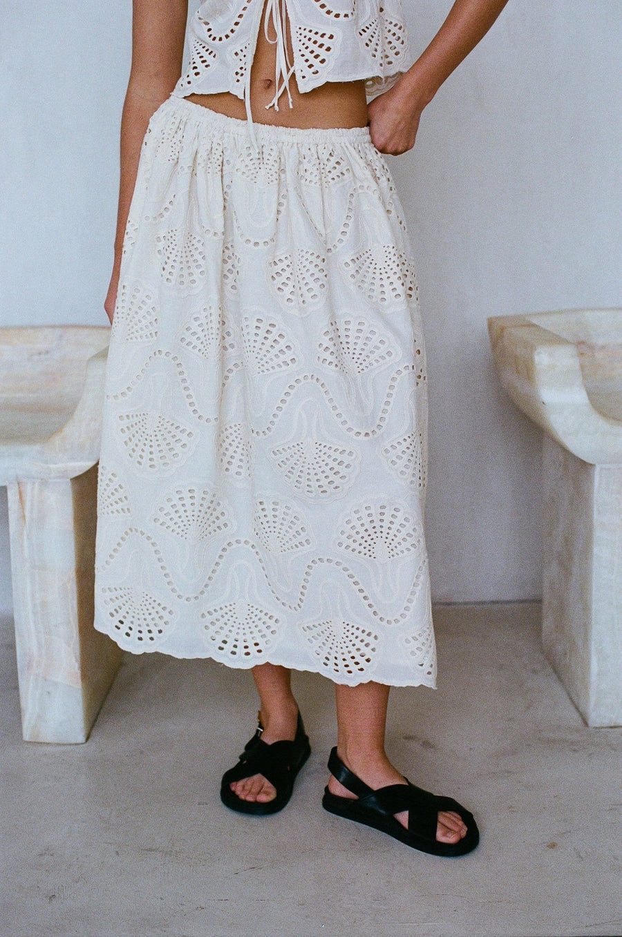 Cotton Embroidered Midi Flare Skirt | Natural - Echo Market