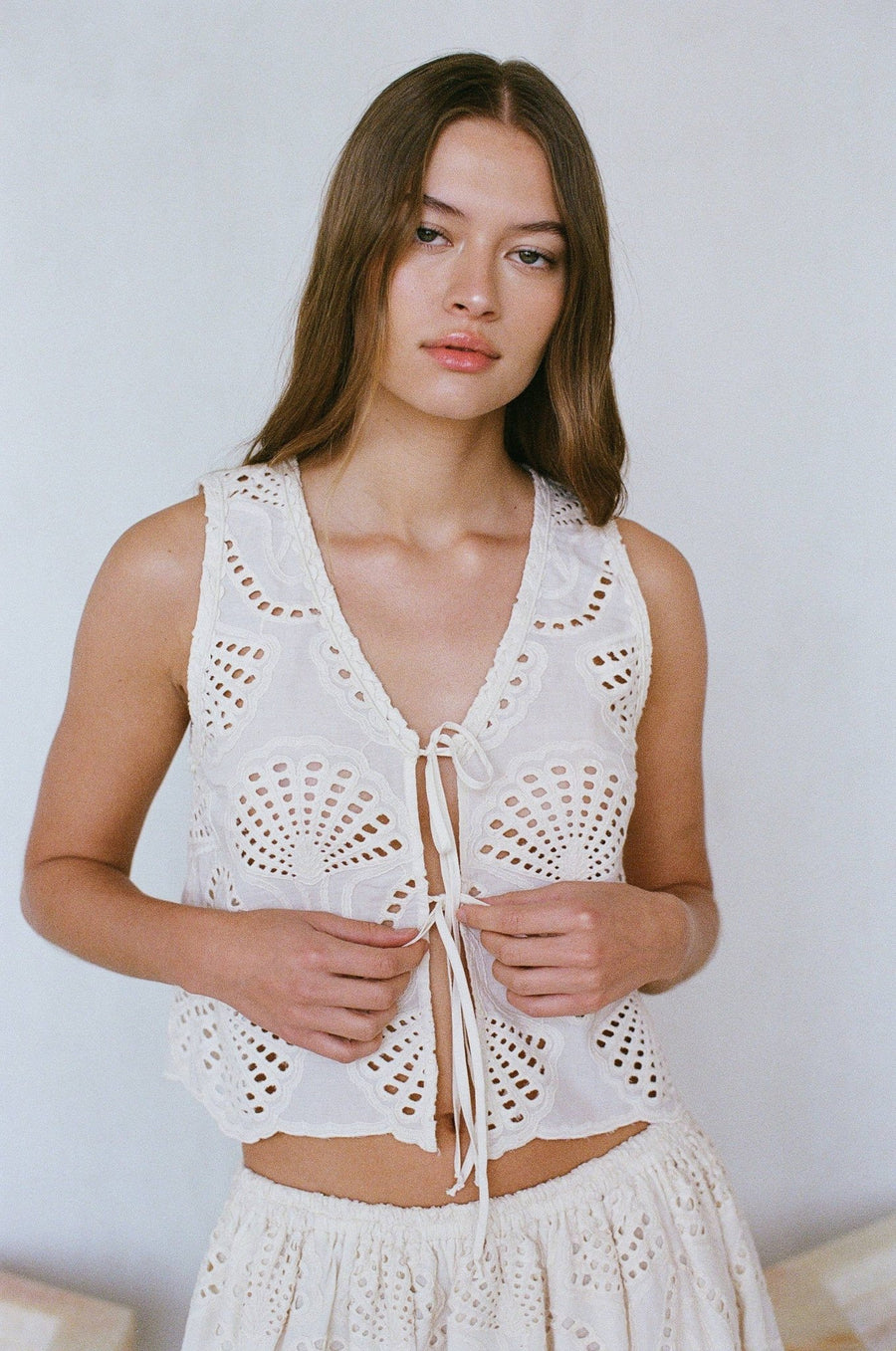 Cotton Eyelet Tie String Tank | Natural - Echo Market