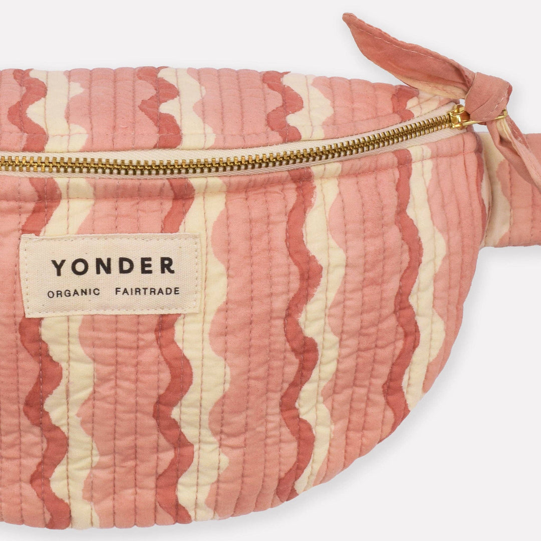 Pink and beige striped pouch with gold zipper and &