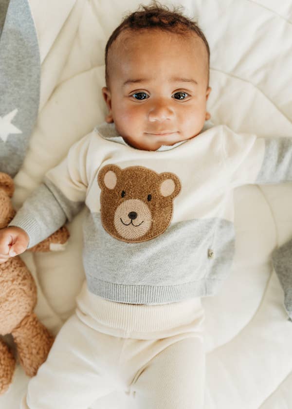 Cuddly Bear Applique Sweater Knit Collar Baby Pullover | Heather Grey - Echo Market