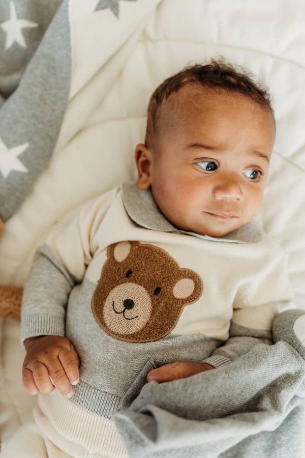 Cuddly Bear Applique Sweater Knit Collar Baby Pullover | Heather Grey - Echo Market