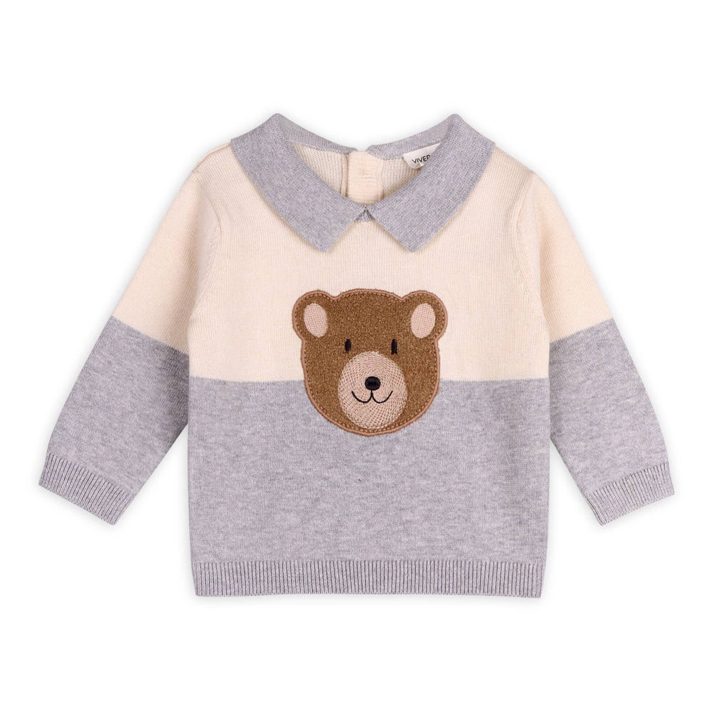 Cuddly Bear Applique Sweater Knit Collar Baby Pullover | Heather Grey - Echo Market