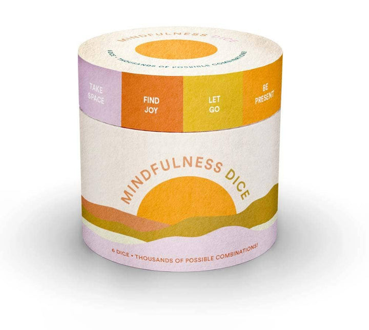 Box of mindfulness dice with motivational text on a white background