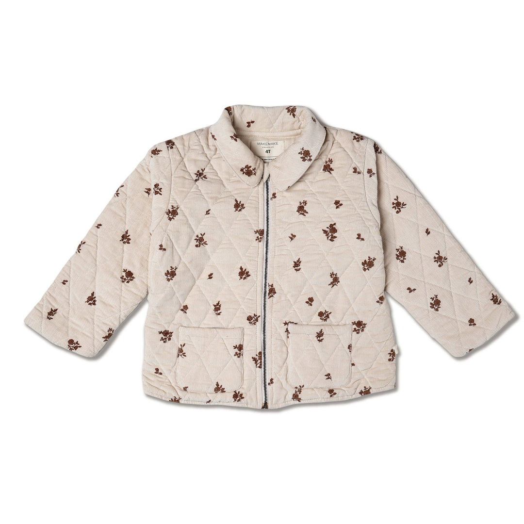 Organic Quilted Corduroy Zipper Jacket | Brown Floral