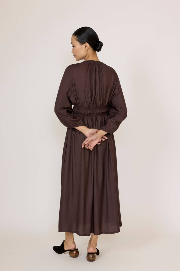Gathered Plunge Dress | Chocolate Brown
