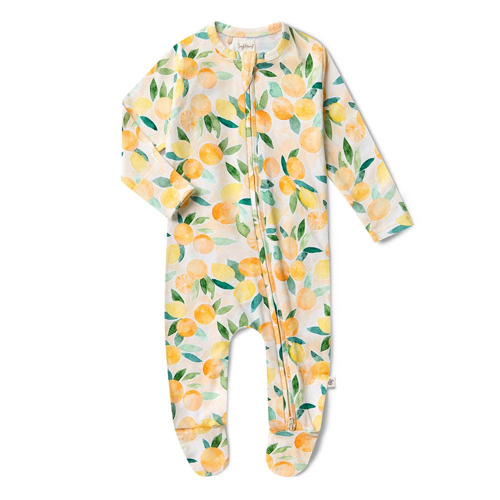 Sunny Citrus Organic Snuggle Sleepsuit Zip Footie on a white background