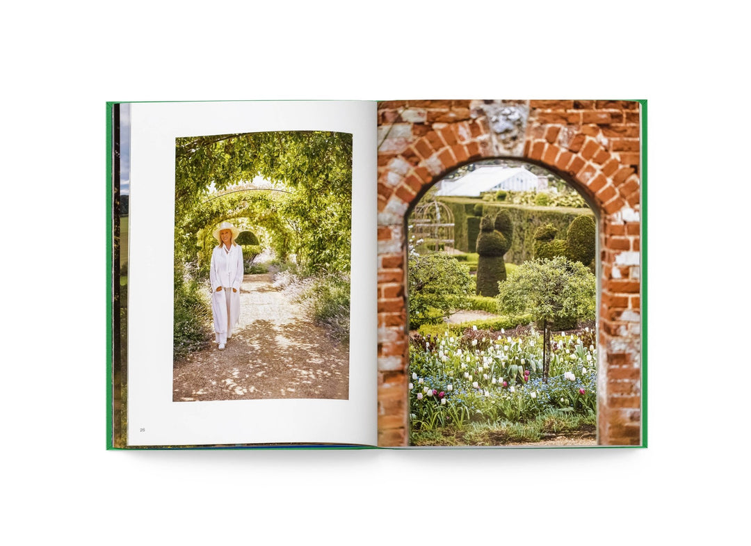 Open book showing two garden scenes with archways and people.