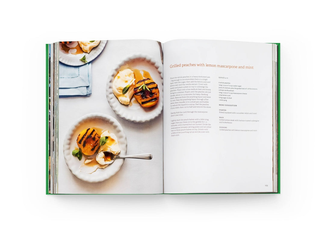 Open cookbook showing a recipe for grilled peaches with lemon mascarpone and mint.