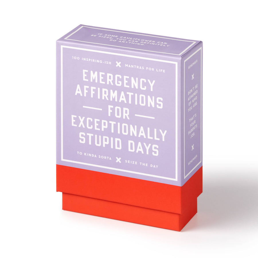 Box of 'Emergency Affirmations for Exceptionally Stupid Days' on a white background