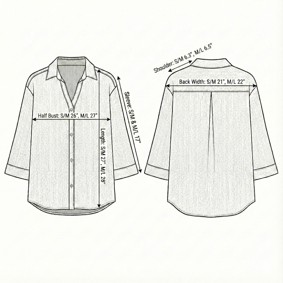 Technical drawing of a shirt with measurements on a white background