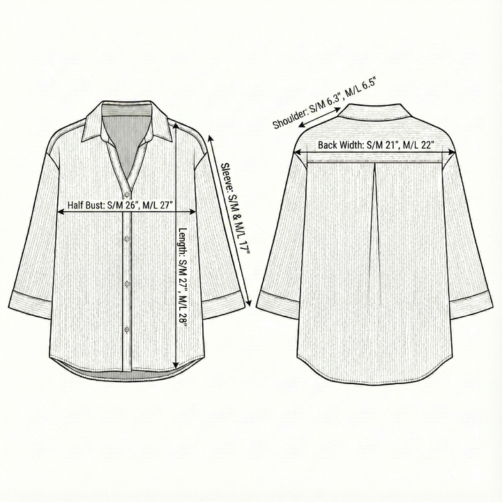 Technical drawing of a shirt with measurements on a white background
