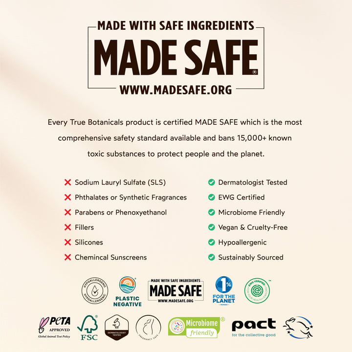 Promotional graphic for 'MADE SAFE' certification with product safety features and logos.