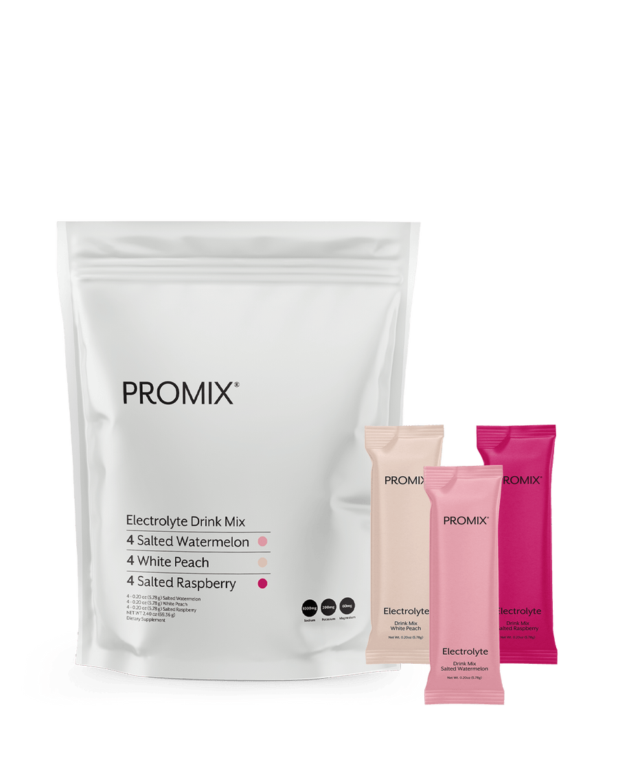 Promix electrolyte drink mix packaging with three sample packets on a white background