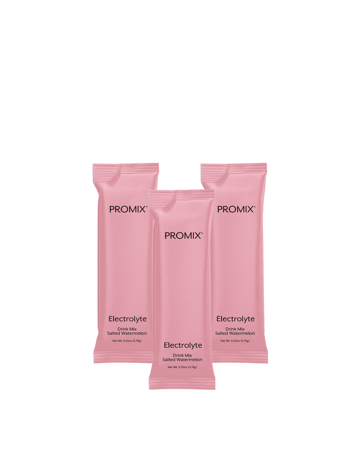Three pink packets of Promix Electrolyte Salted Watermelon Drink Mix
