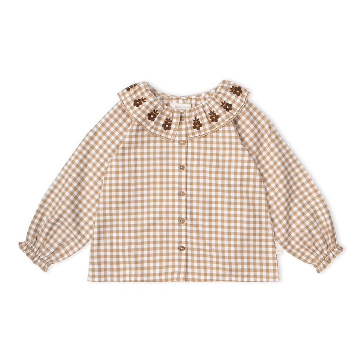 Organic Ruffle Button Top | Oat Gingham