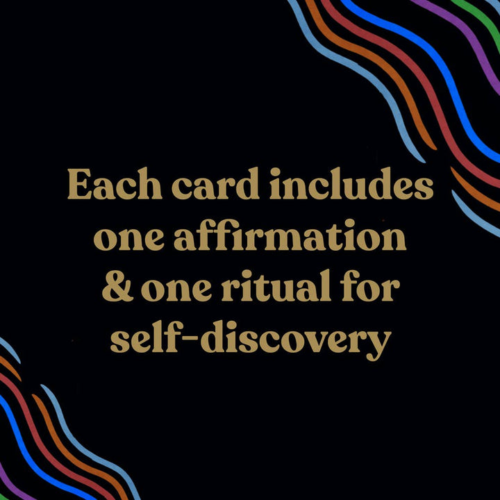 Text on a black background with colorful wavy lines, promoting self-discovery cards.
