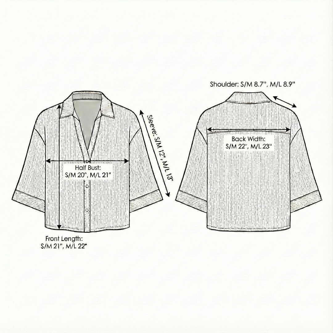 Measurement chart for aura shirt with dimensions labeled on front and back views.
