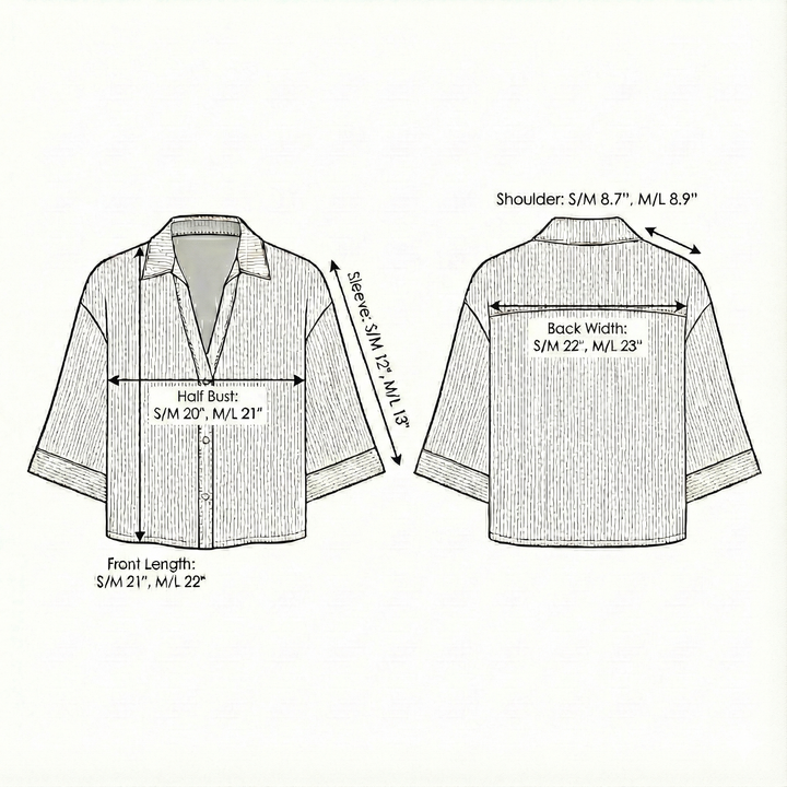 Measurement chart for aura shirt with dimensions labeled on front and back views.
