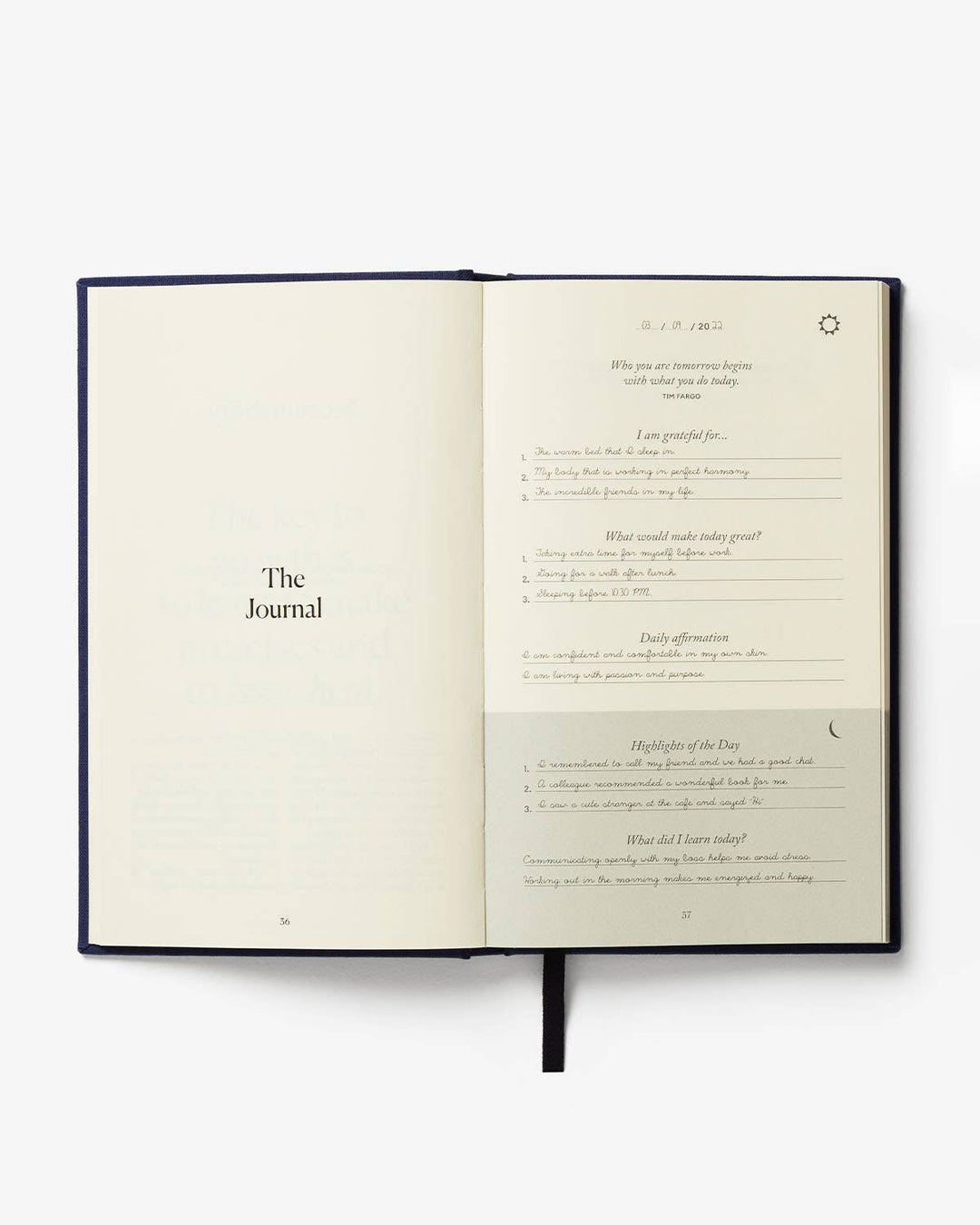 Open journal with text on a white background