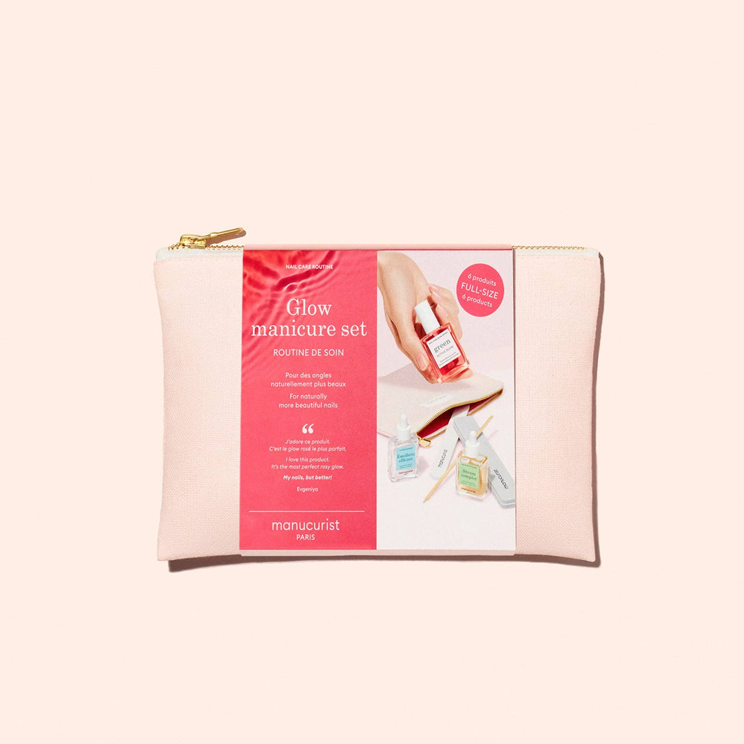 Manicure set packaging with pink label on a beige background