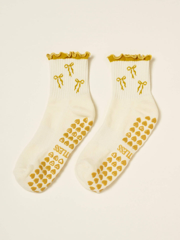 🎀 Gold Bow Ruffle Grip Sock | Pilates Socks - Echo Market