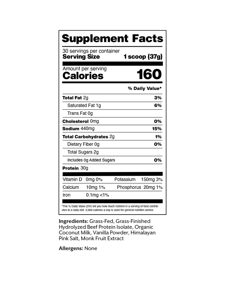A Supplement Facts nutrition label on a white background, showing serving size 1 scoop (37g), 160 calories, and a list of ingredients including grass-fed beef protein isolate, organic coconut milk, vanilla powder, and Himalayan pink salt.