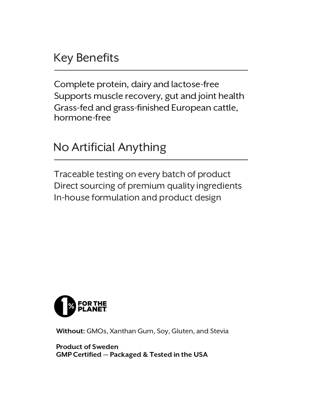 A white document page with black text outlining key benefits, including complete protein, lactose-free formulation, muscle recovery support, grass-fed cattle, hormone-free status, and no artificial ingredients. A logo for &