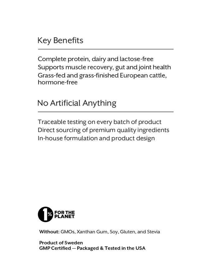 A white document page with black text outlining key benefits, including complete protein, lactose-free formulation, muscle recovery support, grass-fed cattle, hormone-free status, and no artificial ingredients. A logo for &