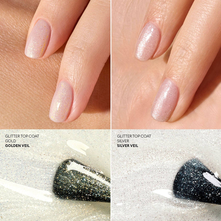Nail polish with glitter top coat on nails and polish bottle.