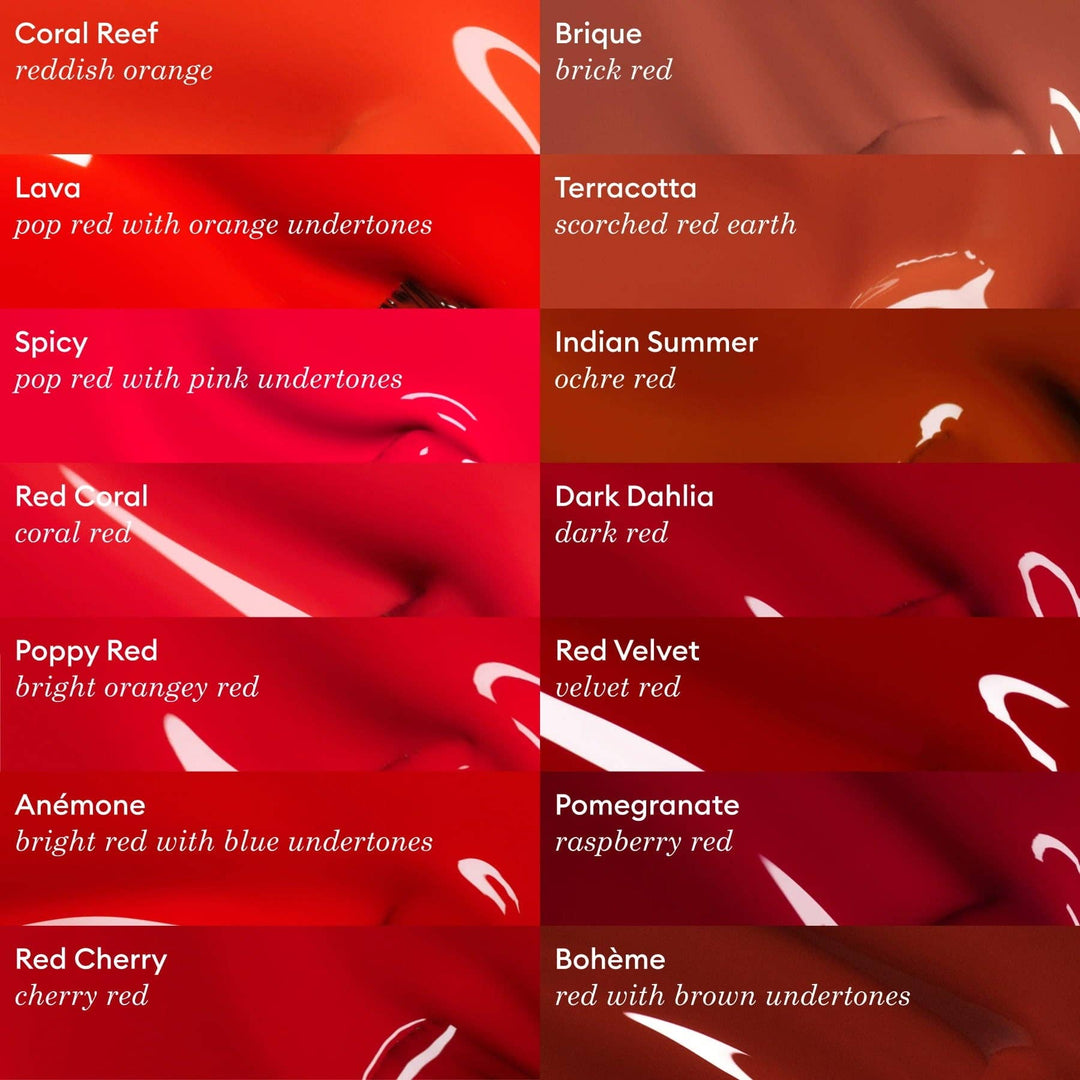 Color swatches with names and descriptions of various red shades.