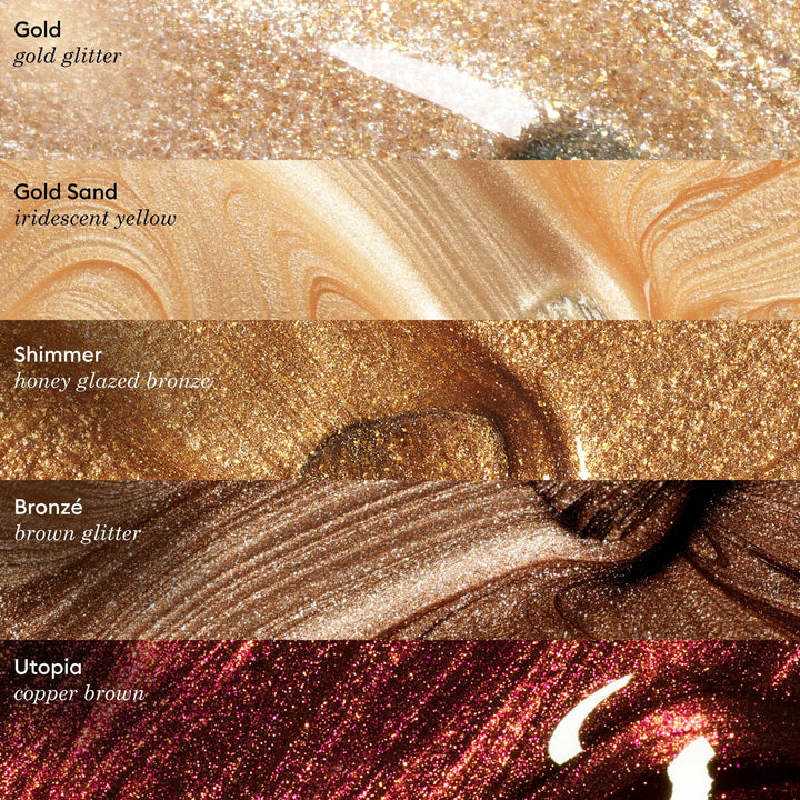 Color swatches of gold, gold sand, shimmer, bronzé, and utopia with labels.