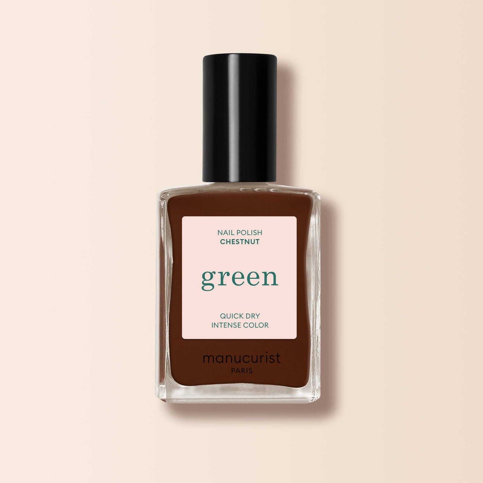 Nail polish bottle with 'chestnut' label on a beige background