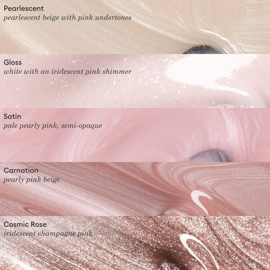 Color swatches of pink shades with descriptions on a beige background