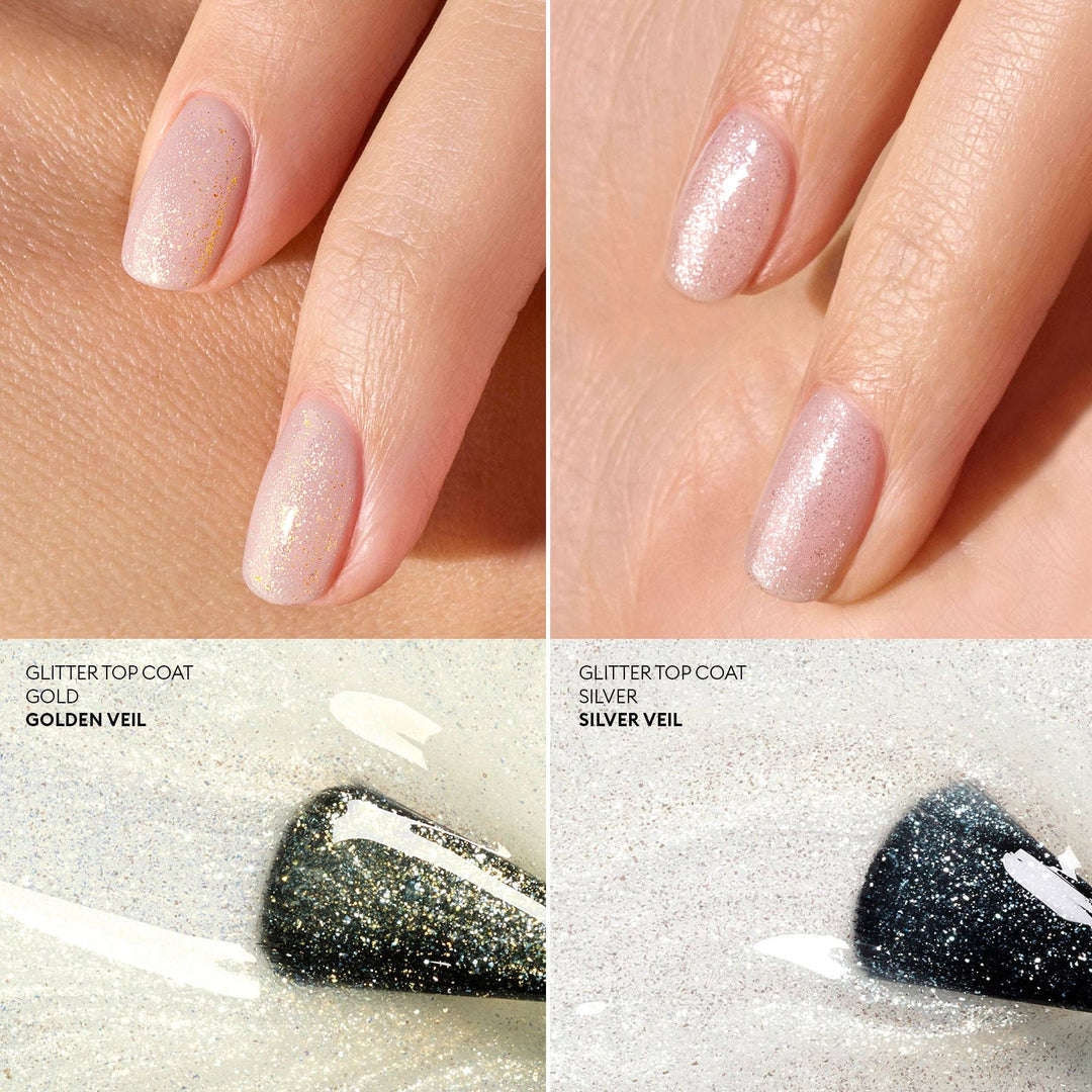 Nail polish with glitter top coat on nails and polish bottle.
