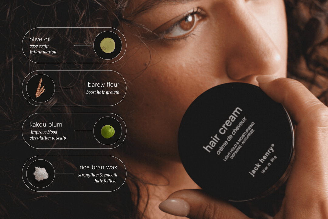 Person holding a jar of hair cream with ingredient information displayed.